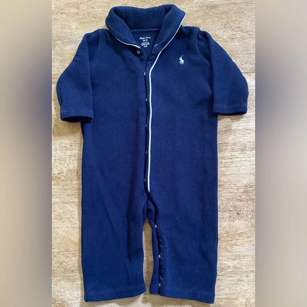 Ralph‎ Lauren Infant Size 6 Months Navy Ribbed Cotton Polo Coverall
